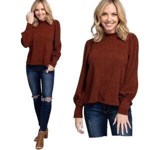 Lush Rust Mock Neck Balloon Sleeve Knit Sweater Size S